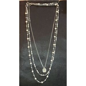 LOFT Layered Necklace Womens OS Silver‎ Excellent Faux Pearl Geometric